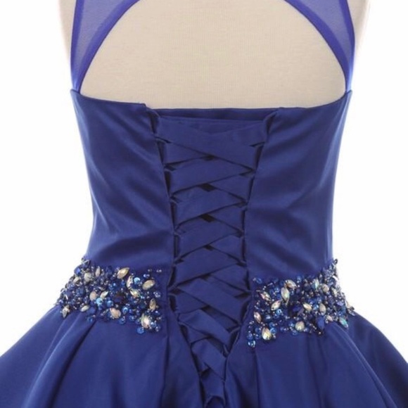 Girls Kids Children’s Tween Royal Blue Satin Pageant Dress with Pockets - Picture 4 of 6